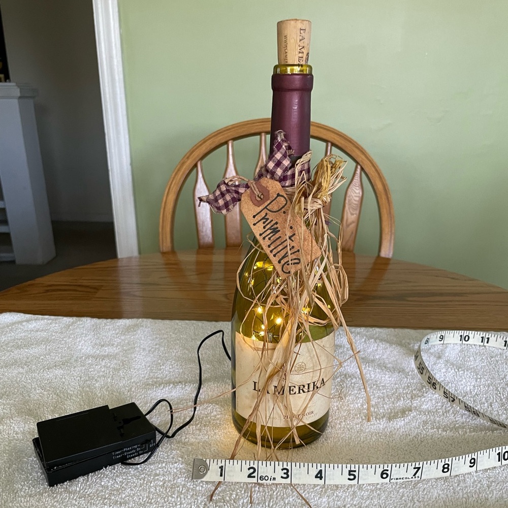 Decorative Wine Bottle LED Light - Green Glass w/Raffia Accent Battery Operated
